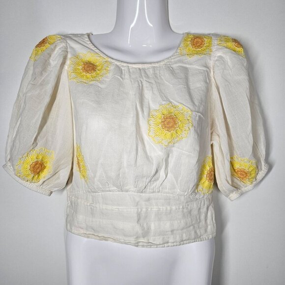 Free People My Girl Embroidered Sunflower Puff-Sleeve Blouse Cotton Ivory S - Picture 13 of 14